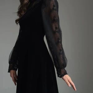 Black Velvet Gothic Midi Dress with Lace Sleeves and Neckline