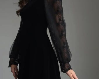 Velvet Dress Black  Gothic Midi Dress  Vintage Victorian Cocktail Dress  Lace Sleeve Party Dress  Elegant Evening Classic Look