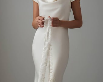 Cream Satin Midi Dress with Cap Sleeves, Minimalist Wedding Guest Dress, Elegant Bridesmaid Gown, Romantic Rehearsal Dinner Dress