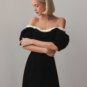 Velvet Midi Black Dress  Retro Cocktail Dress  Holiday Party Outfit  Modest Evening Look  Puff Sleeves Ruffle Collar