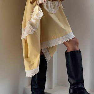 Yellow Cotton Cottagecore Midi Dress: Victorian Lace Collar, Prairie Style