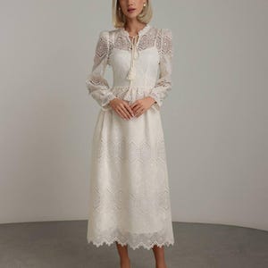 Lace Midi Dress – Embroidered Cottagecore Dress – Vintage Victorian Long Sleeve Dress – Modest Sheer Lace Dress for Garden Party