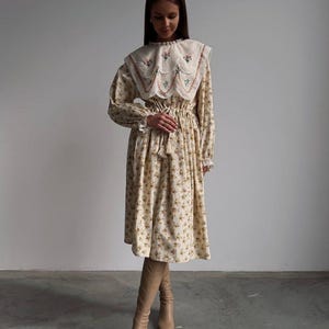 Beige Midi Dress – Cottagecore Prairie Modest Women Dress | Vintage Boho Country Style | Renaissance Victorian Cottage Dress  Cotton Floral