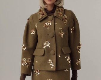 Fall Wool Suit Jacket:  Ceremony and Occasion Set, Olive Midi Skirt & Jacket with Sequins