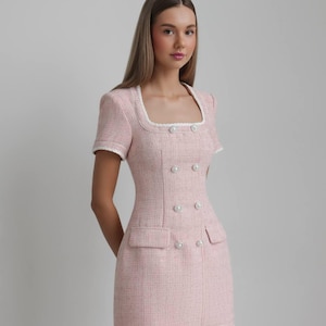 Pink Tweed Dress – Vintage Inspired Classy Office Dress with Pearl Buttons, Short Sleeve Preppy Business Outfit