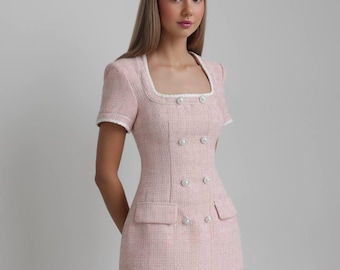 Custom Pink Tweed Dress With Pearl Buttons  Mini to Midi Length, Any Size  - Etsy