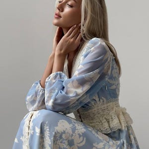 Victorian Inspired Blue Midi Dress: Lace Trim Cottagecore Wedding Guest