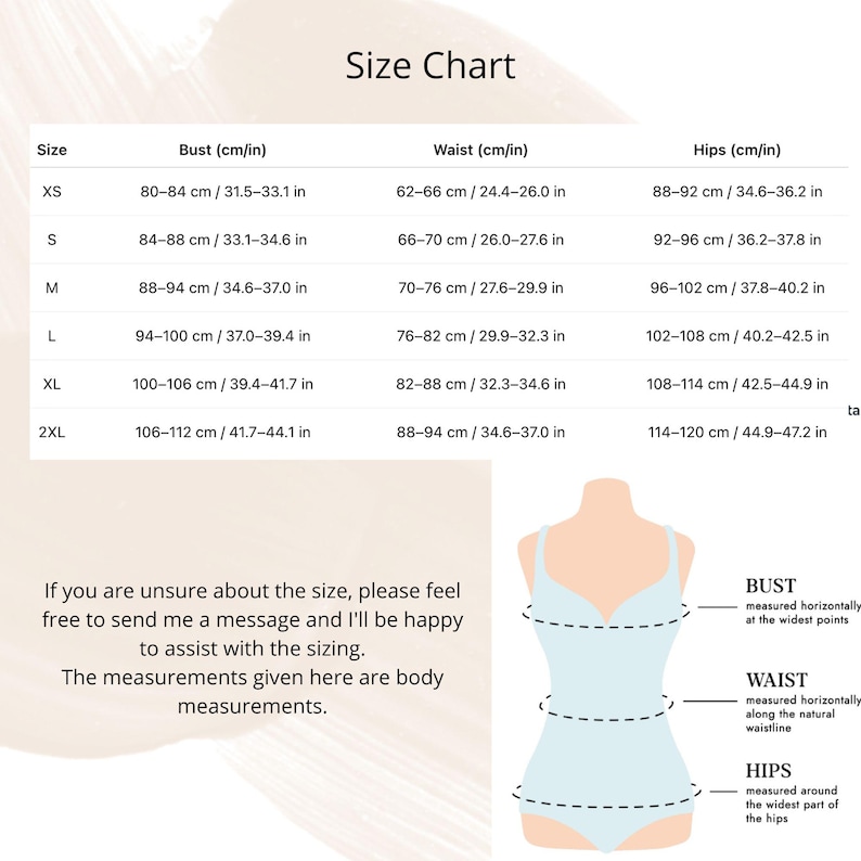 May include: Size chart with bust, waist, and hip measurements in centimeters and inches. Includes sizes XS to 2XL. Text reads: "If you are unsure about the size, please feel free to send me a message and I'll be happy to assist with the sizing."