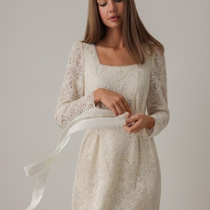 Cream Lace Midi Dress – Romantic Vintage-Inspired Formal Dress Long Sleeve Cottagecore Gown – Handmade Boho Chic Lace Dress for Garden Party