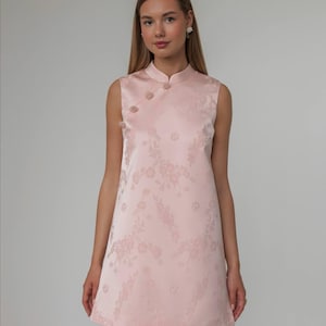 Pink Satin Mini Cheongsam Dress – Mandarin Collar Chinese Style Cocktail Dress – Asian Inspired Modern Qipao Party Dress