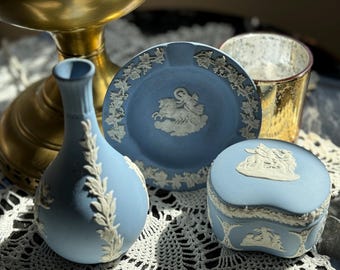 Wedgwood Jasperware Vintage Blue Heart Box, Pin Dish OR Bud Vase