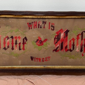 Antique Victorian Embroidered punch paper mounted in wooden Adirondack frame with leaf motifs