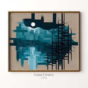 Full Moon Wall Art: Archival Print of Geometric Night Sky Landscape (Original Painting Reproduction)