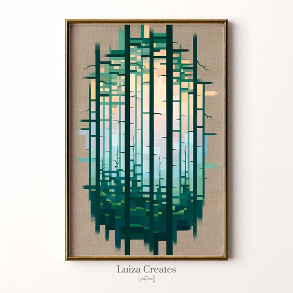 Geometrische Wald Wandkunst: Archival Druck pixeliger Sonnenaufgang Landschaft (Original abstrakte Malerei Reproduktion)