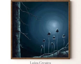 Muurkunst paddenstoel: archiefafdruk van schimmels in maanlicht (originele reproductie schilderij) - Dark Cottagecore