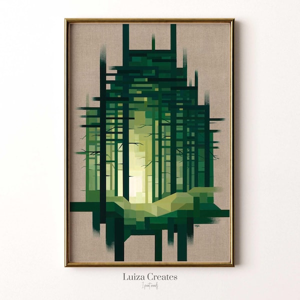 Geometrische Wald Wand Kunst: Archival Druck von Grünen pixeligen Wald (Original Abstrakte Malerei Reproduktion)