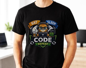 Eat Sleep Code Repeat T-Shirt | Programmierer-Katzen-Grafik-T-Shirt, Laptop-Coding-Design