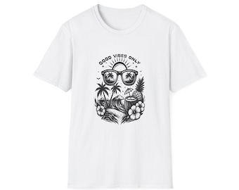 Nur gute Laune – Tropisches T-Shirt | Sommer-T-Shirt mit Sonnenbrille, Palmen und Hibiskus