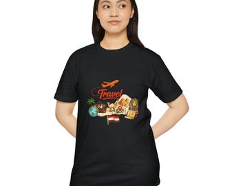 Ägypten-Reise-T-Shirt mit Motiven, Fernweh-Abenteuer-Shirt, Pyramiden, Sphinx, Palmen, Flugzeug – Sommerurlaubs-Shirt