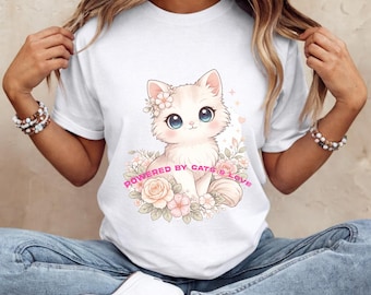 Kawaii-T-Shirt mit Blumenmuster und Katze | Niedliches Kätzchen mit Rosen | Ästhetisches Anime-T-Shirt