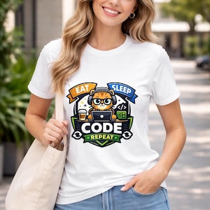 Eat Sleep Code Repeat Cat T-Shirt | Funny Programmer Shirt | Coder Gift | Developer Tee | Coding Humor