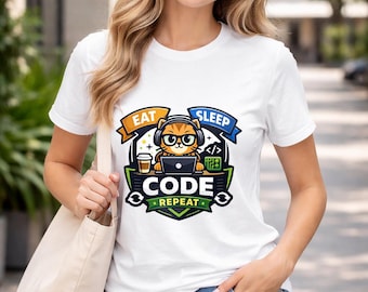 Eat Sleep Code Repeat Katzen-T-Shirt | Lustiges Programmierer-Shirt | Geschenk für Programmierer | Entwickler-T-Shirt | Humorvoller Programmierer-Look