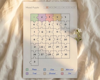 Mood Puzzle Tracker Printable | Monthly Mood Tracker & Self-Care Journal | Color-in Puzzle | PDF (A4, A5, US Letter)