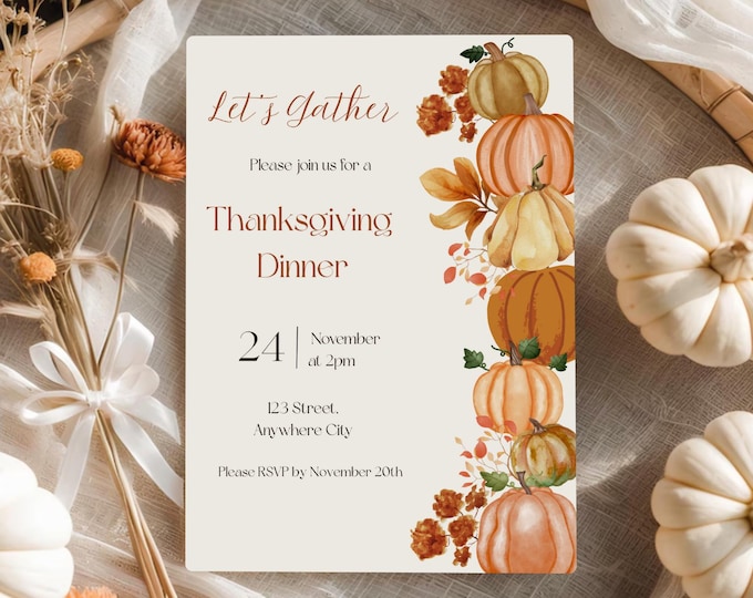 Rustic Thanksgiving Invitation: Watercolor Pumpkin Fall Party (PDF & JPEG)