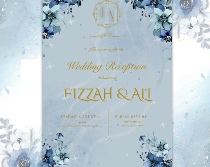 Elegant Blue Floral Wedding Invitation Template: Editable Canva Design (Digital Download)