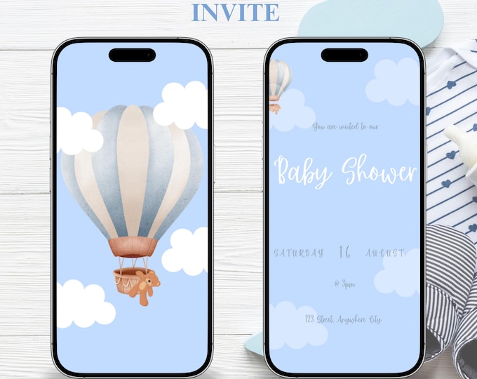Animated Baby Shower Invitation: Blue Hot Air Balloon Theme (Digital E-Card)