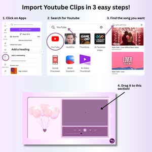 Op de afbeelding: Een afbeelding met instructies over het importeren van YouTube-clips in drie stappen. De afbeelding toont een paarse en witte interface met tekst en pictogrammen. De stappen omvatten het klikken op apps, het zoeken naar YouTube, het vinden van een nummer en slepen.