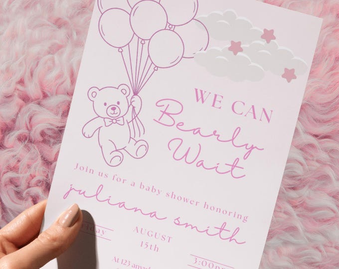 Pink Teddy Bear Baby Shower Invitation: We Can Bearly Wait (Digital Download)