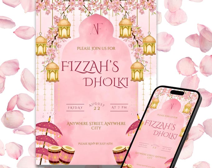 Pink Dholki Invitation Template: South Asian Pre-Wedding Invite (Canva Pro)