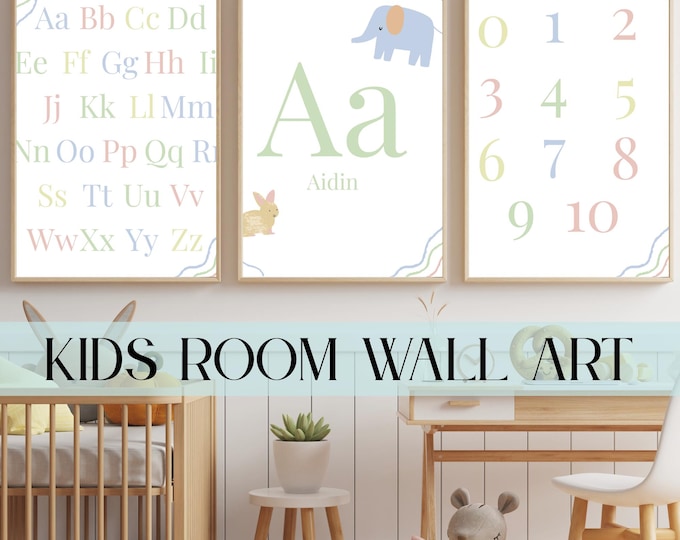 Kids Room Wall Art – Alphabet, Numbers & Personalized Initial Prints | Nursery Decor | Educational Printable Posters