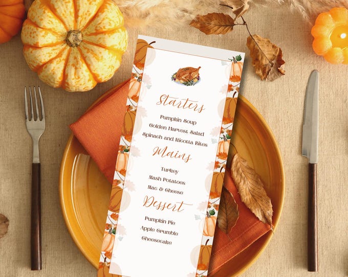 Rustic Pumpkin Thanksgiving Menu Template: Editable Fall Dinner (PDF)