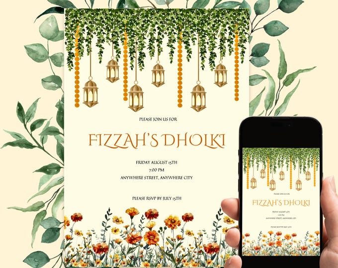 Elegant Greenery Dholki Invitation Template: Botanical Wedding Invite (Digital Download)