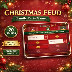 Könnte beinhalten: Ein digitales Weihnachtsfehde-Familienspiel mit einem roten und goldenen Thema. Das Spiel zeigt einen Bildschirm mit Fragen und Antworten, mit dem Text "Christmas Feud" oben. Enthält die Optionen "Sofort-Download" und "Bearbeitbare Vorlage".