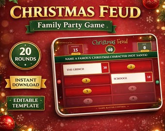 May include: A digital Christmas Feud family party game with a red and gold theme. The game features a screen displaying questions and answers, with the text "Christmas Feud" at the top. Includes "Instant Download" and "Editable Template" options.