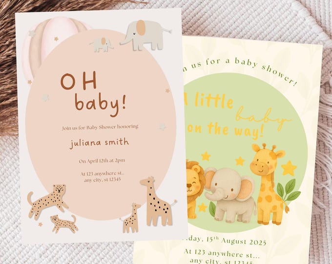 Safari Baby Shower Invitation Set: Editable Animal Theme (Digital Download)