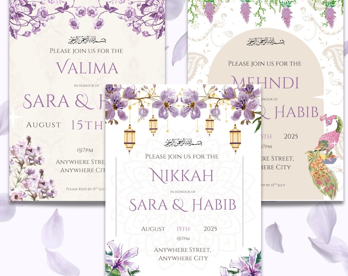 Purple Floral Wedding Invitation Template: Nikkah, Mehndi, Valima (Digital)