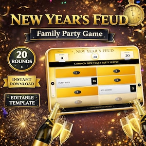 May include: A digital New Year's Feud family party game with a gold and black theme. The game features a digital scoreboard, champagne bottles, and glasses. Text includes "New Year's Feud", "Family Party Game", "20 Rounds", "Instant Download", and "Editable Template".