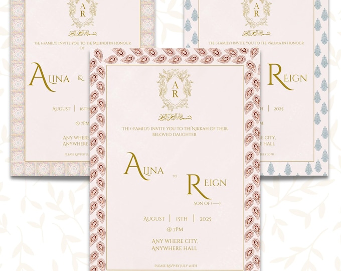 Mehndi Nikkah Valima Wedding Invitation Templates: Gold Leaf Design (Printable, Editable, 5x7 inches)