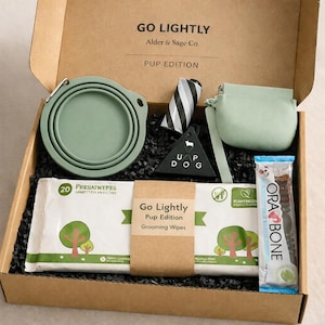 May include: A cardboard box labeled "GO LIGHTLY PUP EDITION" filled with dog grooming supplies. Includes a collapsible green bowl, waste bags, a treat, wipes, and a small pouch. The box is filled with black crinkle paper.