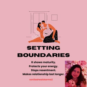 Può includere: Illustrazione con il testo "SETTING BOUNDARIES" e una coppia che si abbraccia. Il testo sottostante recita: "It shows maturity. Protects your energy. Stops resentment. Makes relationship last longer." Una donna è raffigurata in basso a destra.