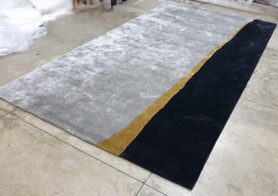 Modern Color Block Rug | Grey Black Gold Carpet | Mid Century Art Silk T-376