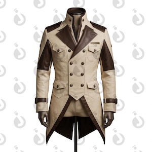 May include: A cream-coloured, double-breasted coat with brown leather accents. The coat features a high collar, epaulettes, and multiple pockets. The design includes a tailored fit with a split tail. The coat is displayed on a mannequin.