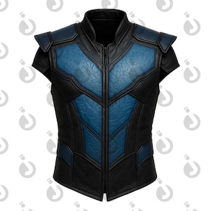 May include: A sleeveless vest with a high collar and a front zip. The vest has a striking design with blue panels and black accents. The blue panels have a textured appearance, and the vest is made of a material that appears to be leather.