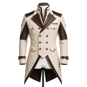 Steampunk Gothic Tailcoat Men Off White Brown Leather Victorian Military Coat Double Breasted Cosplay Jacket Halloween Costume
