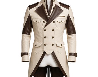 Steampunk Gothic Tailcoat Men Off White Brown Leather Victorian Military Coat Double Breasted Cosplay Jacket Halloween Costume
