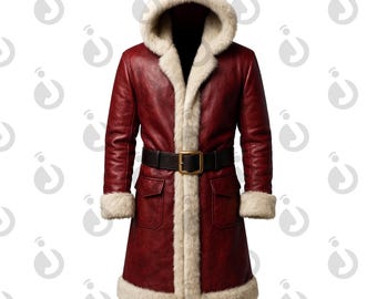 Cappotto di Babbo Natale in pelle rossa fatto a mano, rifiniture in pelliccia sintetica, cappuccio e cintura per cosplay natalizio